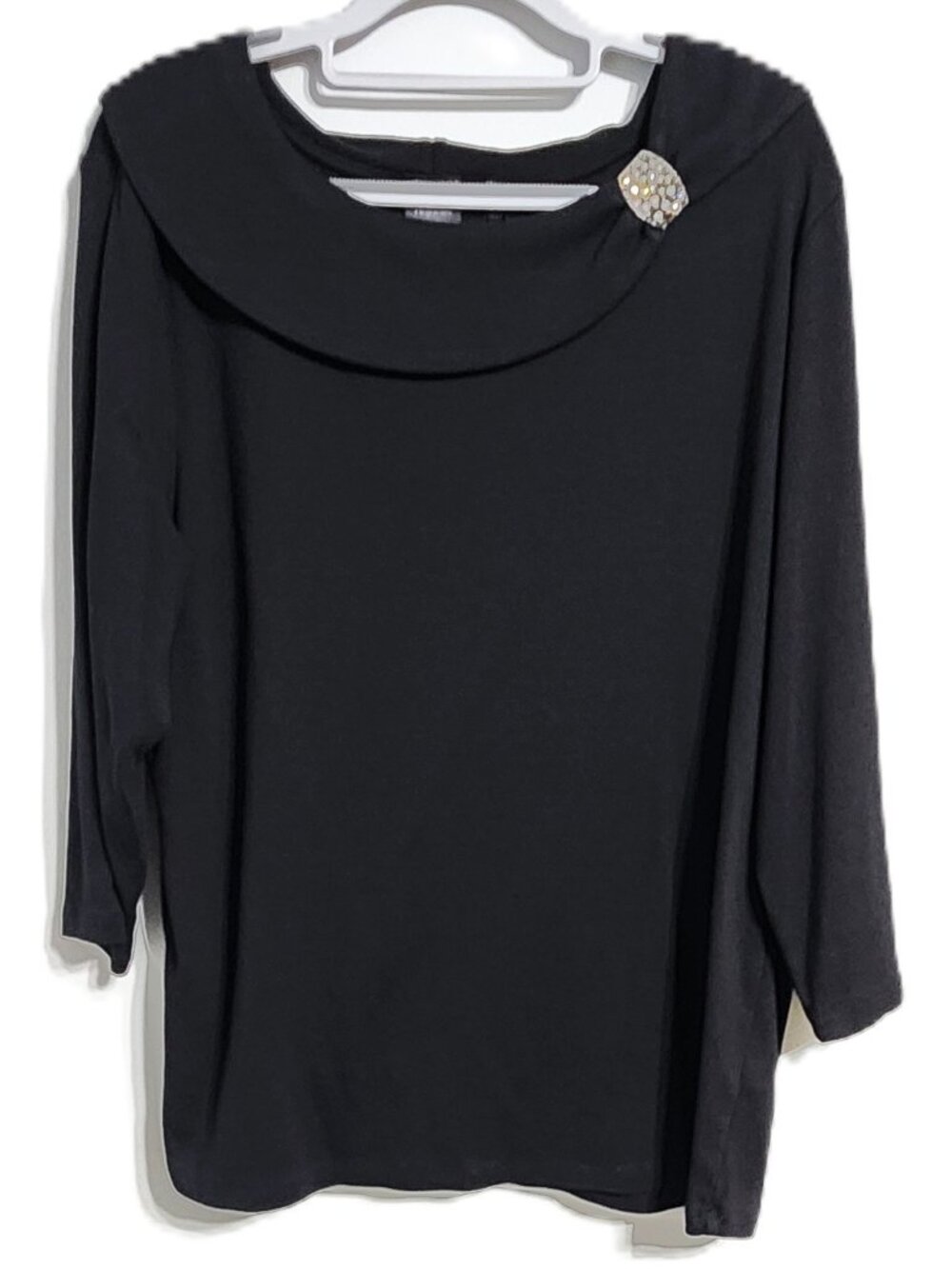 Rafaella 3X Black Top 3/4 Sleeve Portrait Collar With Rhinestone Accent